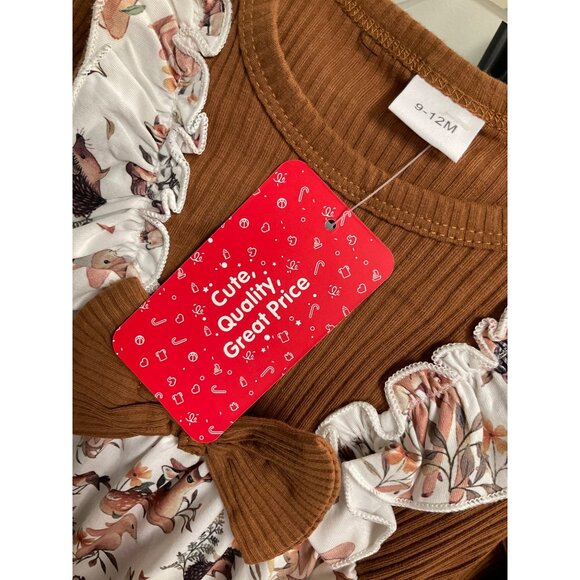 Girl's Ruffle Romper Long Sleeve Deer Print Brown/White 9-12 months - Picture 5 of 5